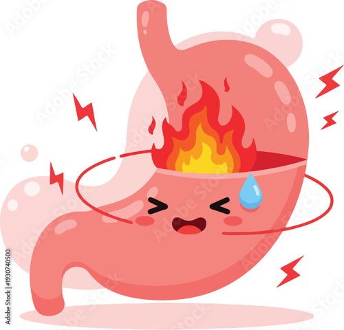 A cute cartoon stomach character with a burning sensation inside, depicted with a worried expression and a tear drop. Perfect for health education, digestive system illustrations, and