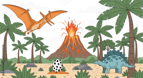 Flat vector illustration of a prehistoric landscape with an erupting volcano pterodactyl flying in the sky and a stegosaurus near a nest.