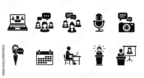 A collection of black icons depicting communication meetings and presentations rendered as a silhouette high quality professional detailed modern elegant stylish