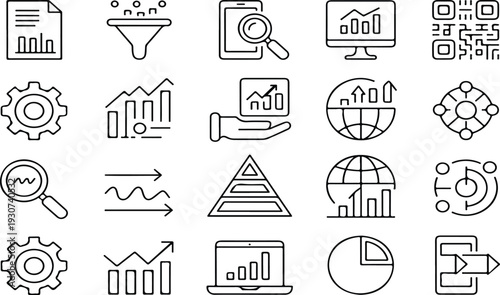 Minimal Line Icon Set of Data Analytics, Business Marketing and Digital Strategy Symbols for Statistics and Growth Concepts