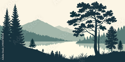 A serene landscape with a lake, mountains, and trees under a starry night sky