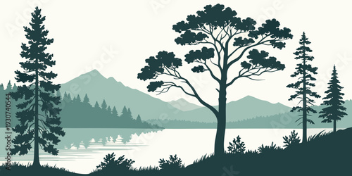 A serene landscape featuring tall trees and a tranquil lake surrounded by mountains