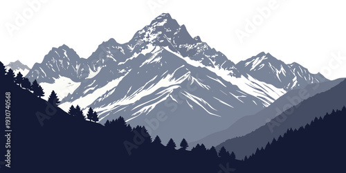 Majestic mountain range with snow-covered peaks and dark forested foreground