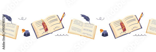 Seamless border frame with vintage book, open pages, feather quill, ink bottle. Gothic reading, writing adhesive tape in dark academia style. Vector illustration for wrapping, scrapbooking, washi tape