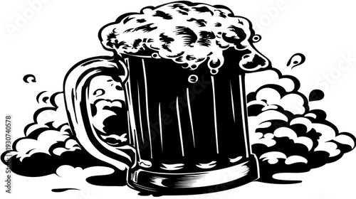 A black and white illustration of a beer mug overflowing with foamy head and bubbles
