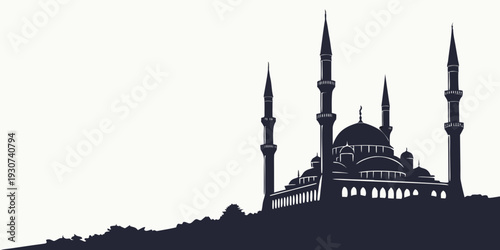 Silhouette of a majestic mosque with minarets against a white background