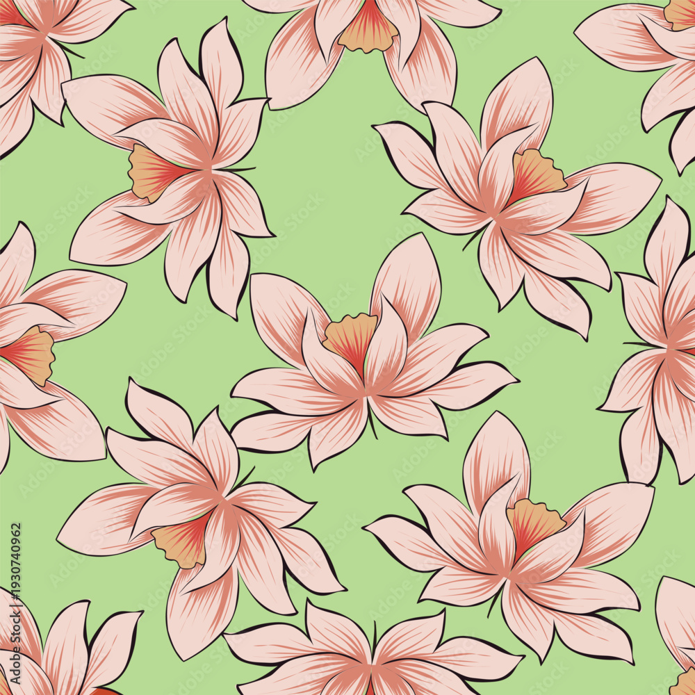Fototapeta premium Romantic flowers with foliage pattern on a green background. Vector. 