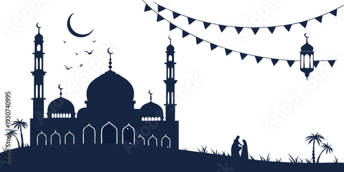 Silhouette of a mosque with minarets, crescent moon, stars, and lanterns.