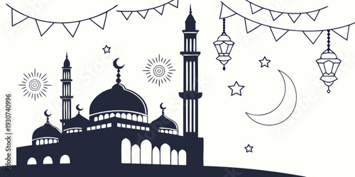 A mosque with minarets and crescent moons under a starry sky with lanterns.