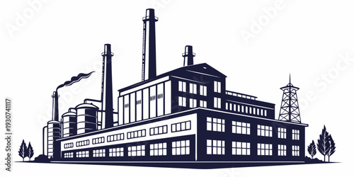 An intricate black and white illustration of an industrial factory complex with multiple buildings