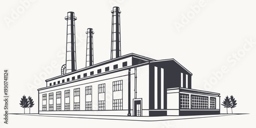 A large industrial building with multiple smokestacks and trees in the foreground