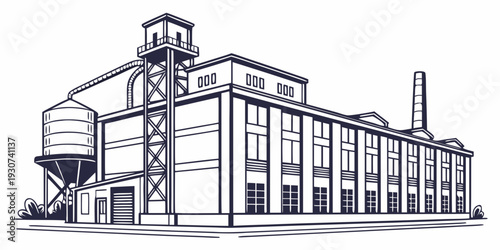 A large industrial building with a prominent tower and chimney in the background
