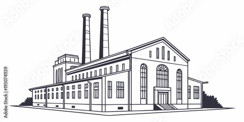 A large industrial building with tall chimneys and multiple windows.