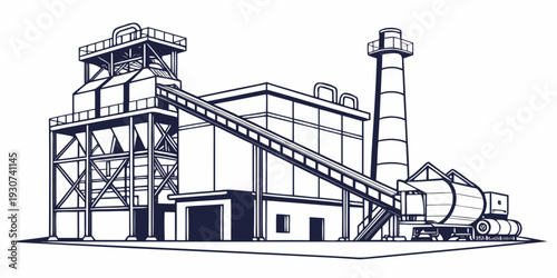 An intricate illustration of an industrial factory with various structures and machinery.