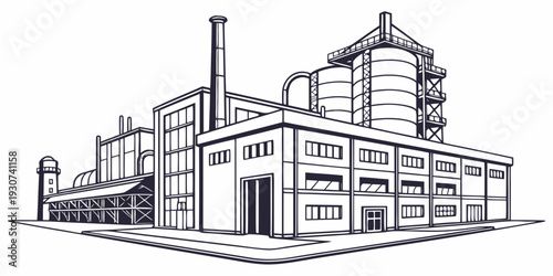 A detailed illustration of a large industrial factory complex with multiple buildings