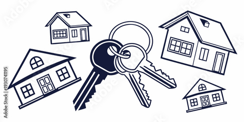A set of keys with various house icons symbolizing real estate and property management.
