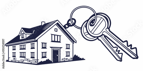 A set of keys in front of a house illustration representing home ownership.