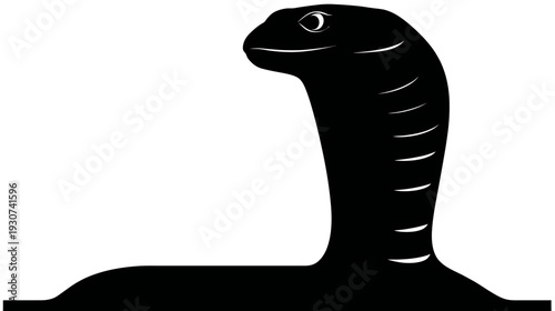 A monochrome illustration of a cobra with its hood raised, looking left