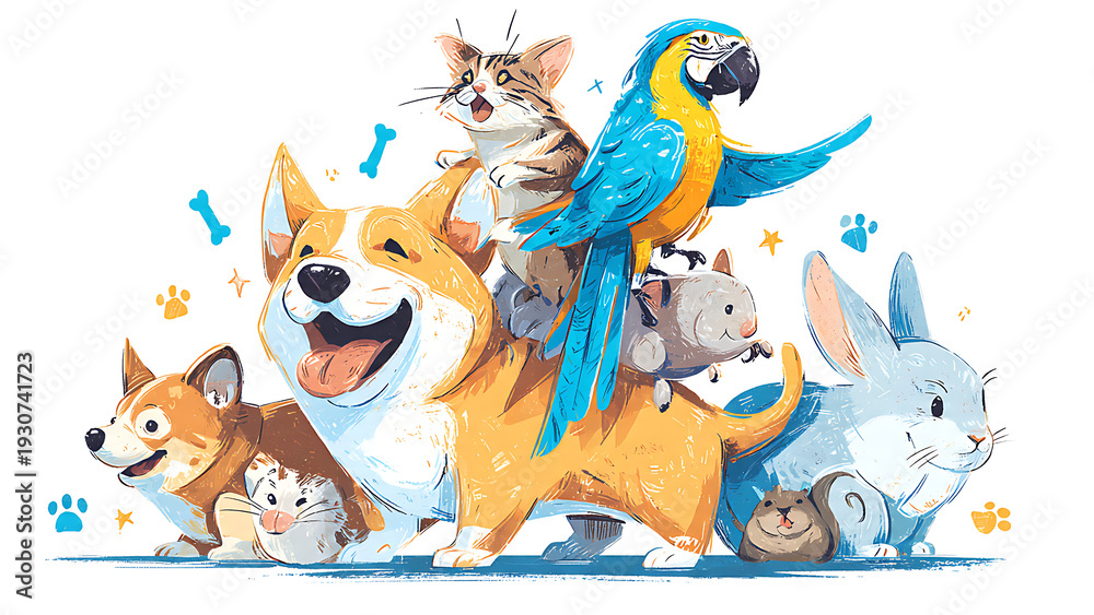 Fototapeta premium Large group of joyful pets playing together illustration