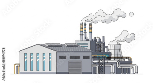 Industrial Factory Building with Smokestacks.