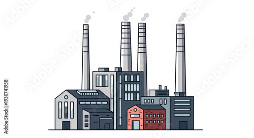 Industrial Factory Building with Smokestacks.
