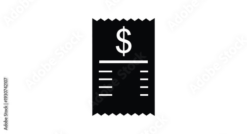 A simple black icon depicts a receipt with a dollar sign suggesting payment or cost silhouette high quality professional detailed modern