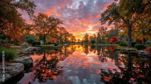 Witness the stunning beauty of a vibrant sunset over a tranquil lake. The colorful sky and autumn foliage create a picturesque scene in this peaceful park setting.