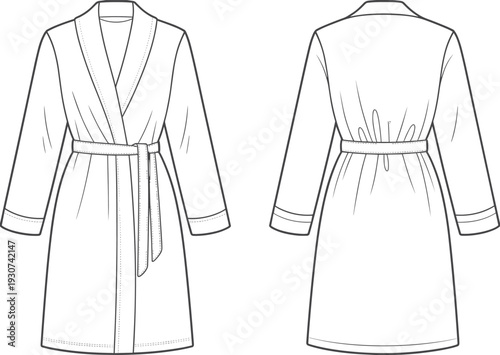 Technical fashion sketch of a women long sleeve belted robe with shawl collar and waist tie front and back view vector template for apparel.