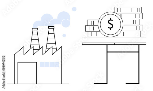 Economic growth, investment, industry, manufacturing, financial strategy, business success. Factory with smokestacks and stacked money with a dollar sign. Economic growth and investment concept