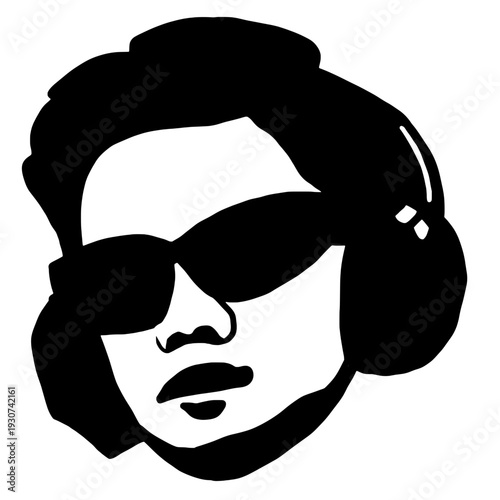 Illustration of a stylish man wearing sunglasses and headphones, shown in bold contrast shapes. His calm expression and modern vibe create a trendy urban portrait full of attitude and cool energy.