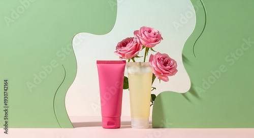 Wallpaper Mural A pink tube and a vase with pink roses on a table Torontodigital.ca