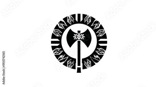 A monochrome illustration features a double-bladed axe inside a circle, with other symbols