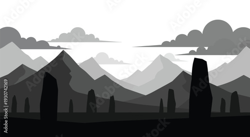 Monochrome mountain landscape vector illustration