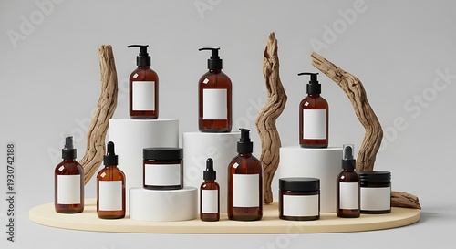 Wallpaper Mural A collection of amber glass bottles on wooden display Torontodigital.ca