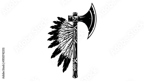 A monochrome illustration of a Native American tomahawk with feathered detail on a white background