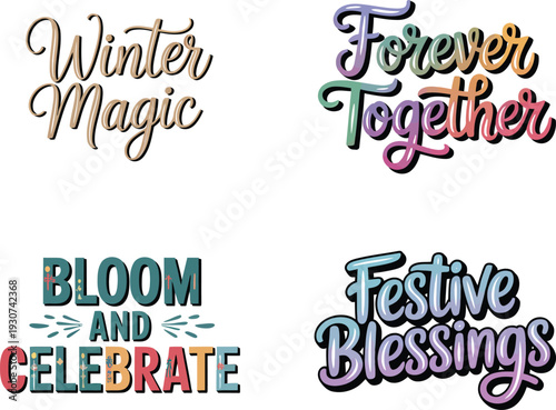 Inspiring collection of seasonal blessings and romantic phrases with decorative lettering for design projects