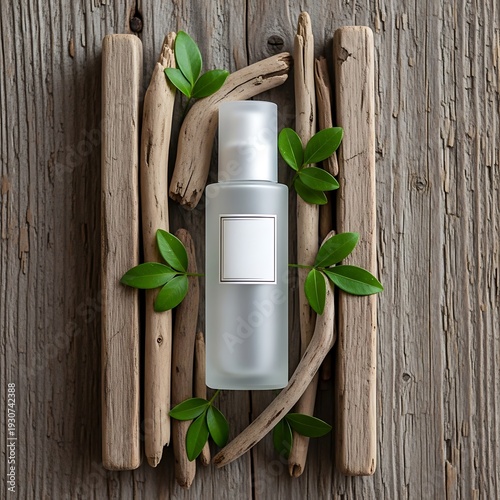 Wallpaper Mural A bottle of perfume surrounded by sticks and leaves on a wooden surface Torontodigital.ca