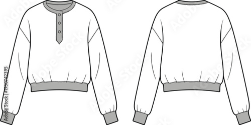 Technical fashion sketch of women cropped long sleeve henley sweatshirt with button placket and ribbed cuffs front and back view vector template for apparel.