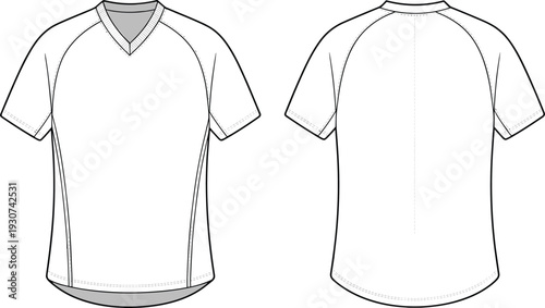 Technical fashion sketch of men short sleeve V-neck raglan t-shirt with curved hemline front and back view vector template for apparel design.