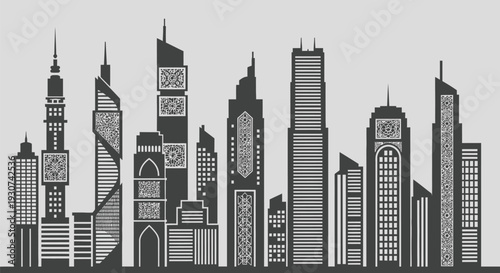 City skyline, urban landscape, black and white, vector illustration, skyscrapers, cityscape