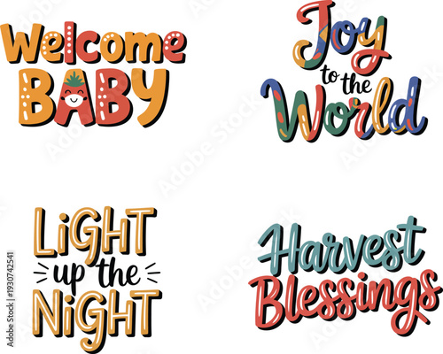Playful hand drawn lettering collection for welcoming babies and celebrating seasonal blessings