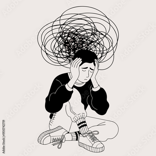 overthinking concept icon, person pulled by tangled thoughts, emotional mental stress illustration
