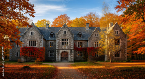 A stone manor house is surrounded by vibrant autumn foliage under a blue sky