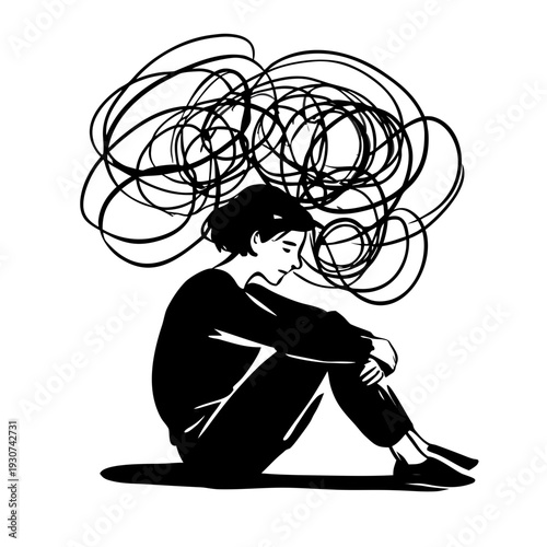 overthinking concept icon, person pulled by tangled thoughts, emotional mental stress illustration