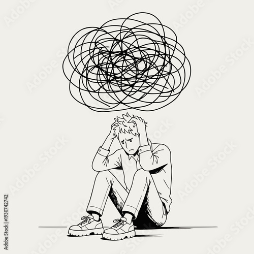 overthinking concept icon, person pulled by tangled thoughts, emotional mental stress illustration