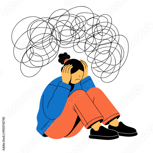 overthinking concept icon, person pulled by tangled thoughts, emotional mental stress illustration