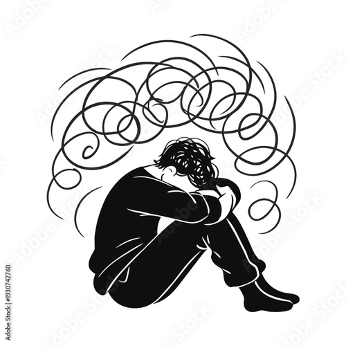 overthinking concept icon, person pulled by tangled thoughts, emotional mental stress illustration