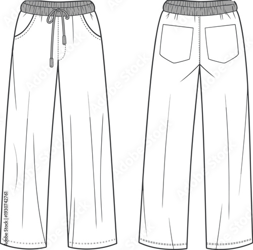 Technical fashion sketch of women wide leg trousers with elastic waistband drawstring and back pockets front and back view vector template for apparel design.