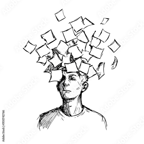 overthinking concept icon, person pulled by tangled thoughts, emotional mental stress illustration