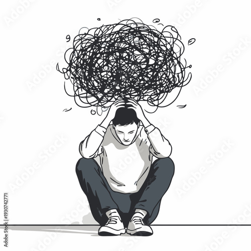 overthinking concept icon, person pulled by tangled thoughts, emotional mental stress illustration